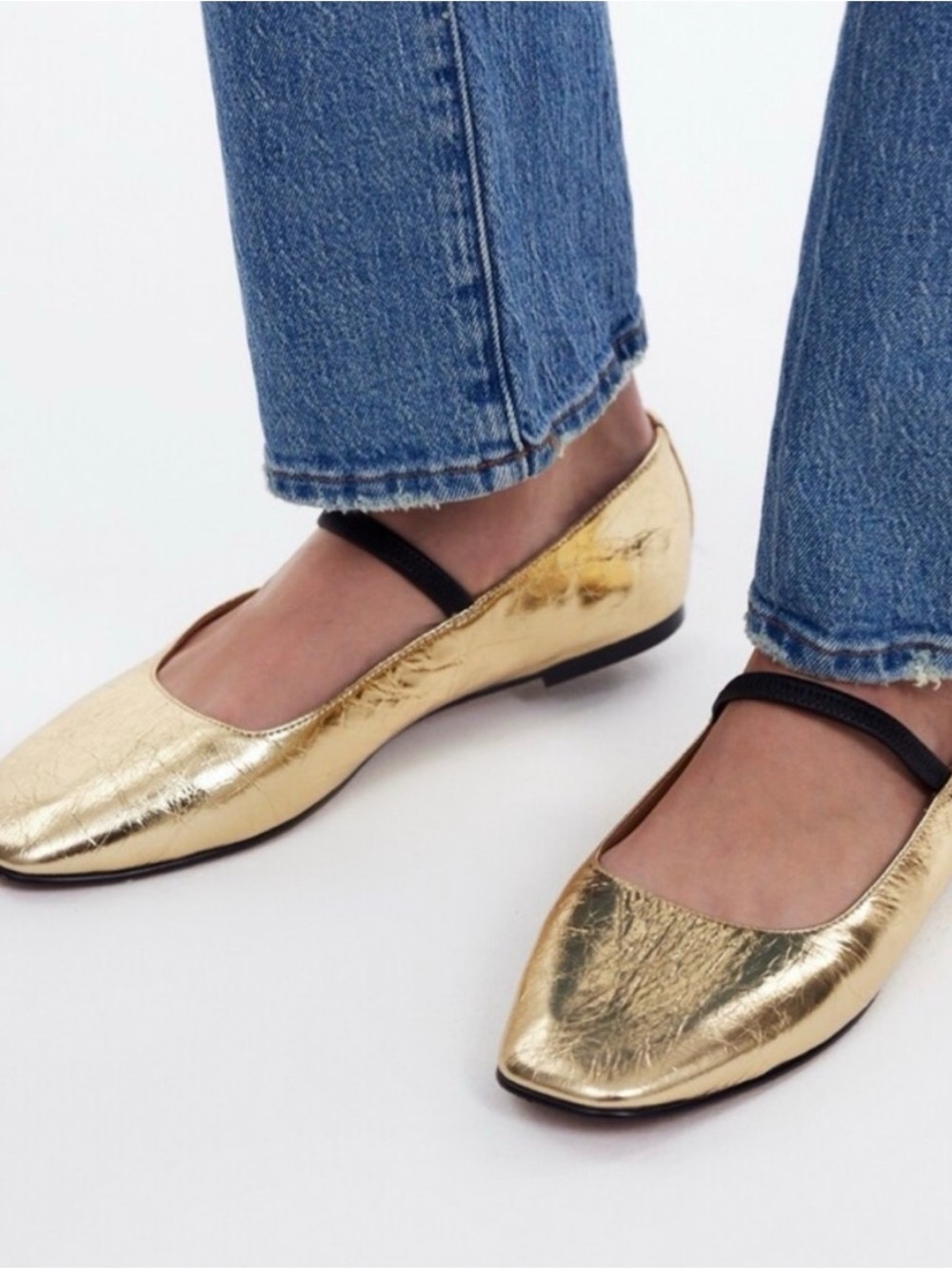 Madewell Greta Ballet Flat Gold Metallic Mary Jane Flats with Black Strap Size 6